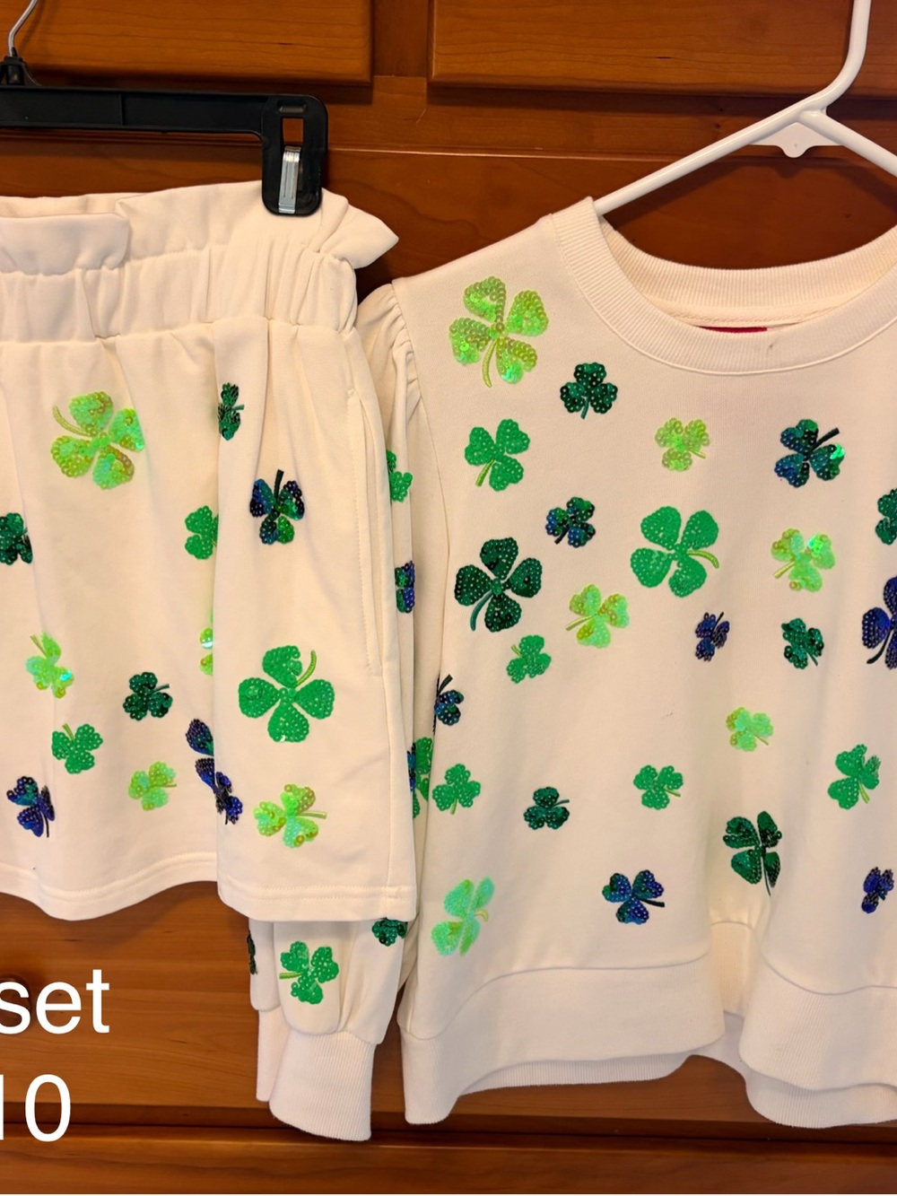 QUEEN OF SPARKLES White Sweatshirt and Skort Set with Green Sequin Shamrocks